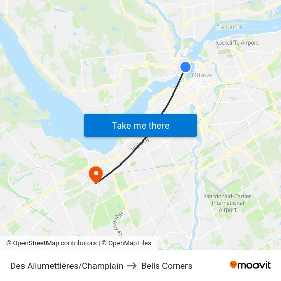 Des Allumettières/Champlain to Bells Corners map