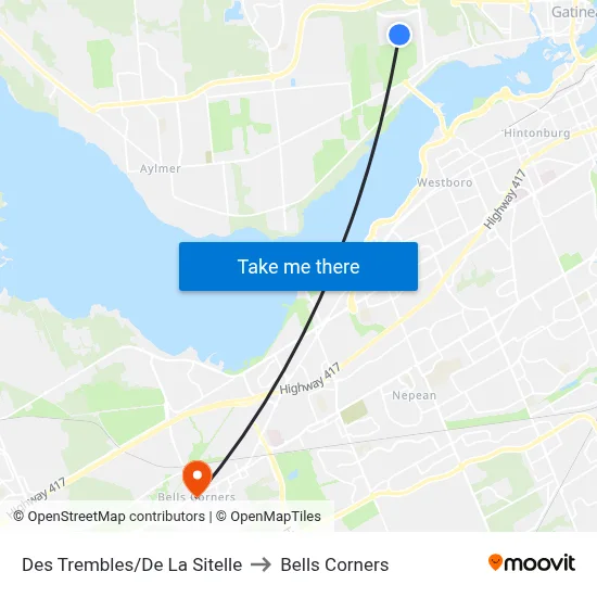 Des Trembles/De La Sitelle to Bells Corners map