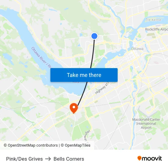 Pink/Des Grives to Bells Corners map
