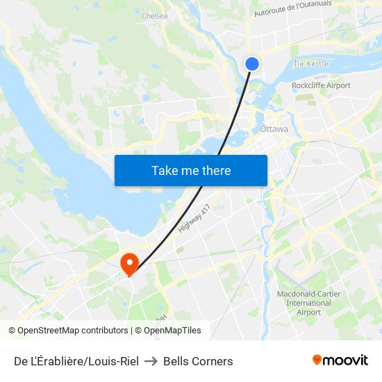 De L'Érablière/Louis-Riel to Bells Corners map