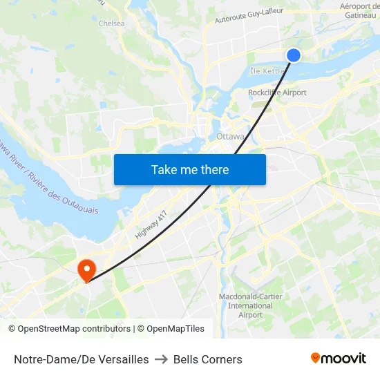 Notre-Dame/De Versailles to Bells Corners map