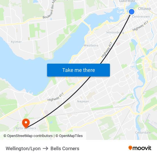Wellington/Lyon to Bells Corners map