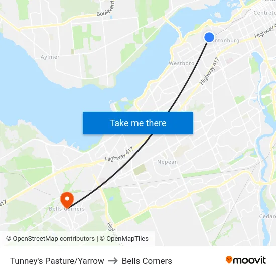 Tunney's Pasture/Yarrow to Bells Corners map
