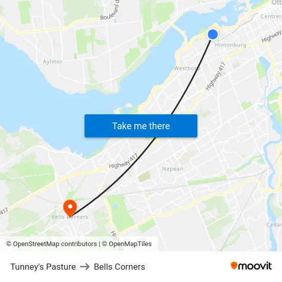 Tunney's Pasture to Bells Corners map