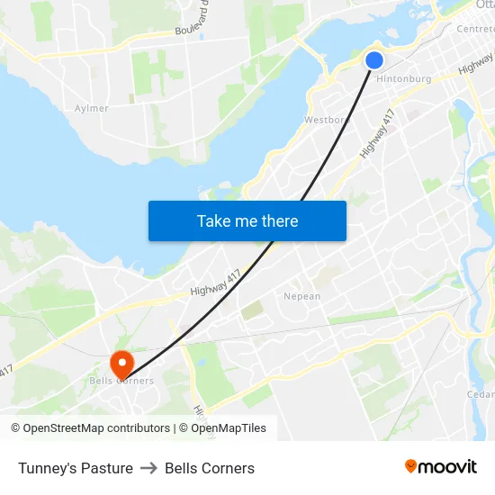 Tunney's Pasture to Bells Corners map