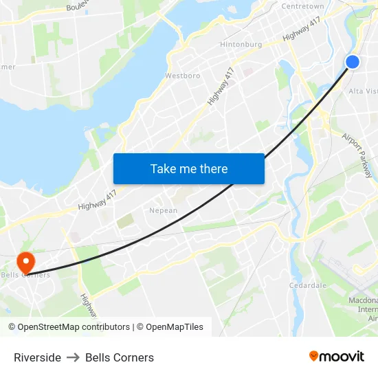 Riverside to Bells Corners map