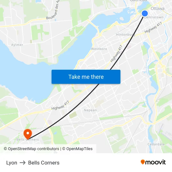 Lyon to Bells Corners map