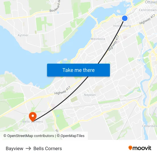 Bayview to Bells Corners map