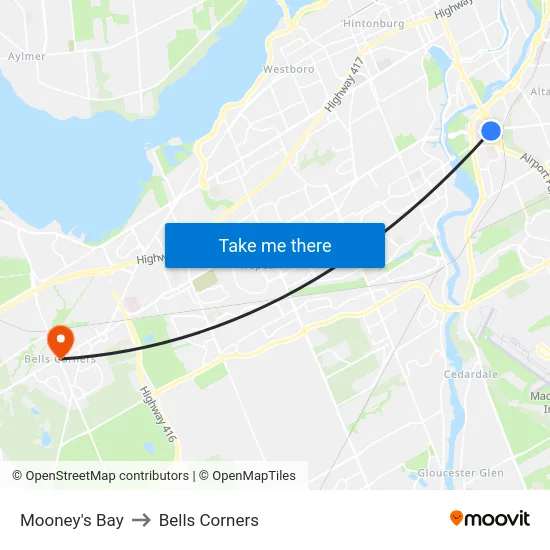 Mooney's Bay to Bells Corners map