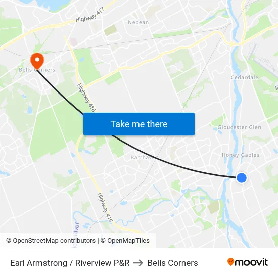 Earl Armstrong / Riverview P&R to Bells Corners map