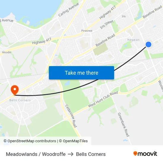 Meadowlands / Woodroffe to Bells Corners map