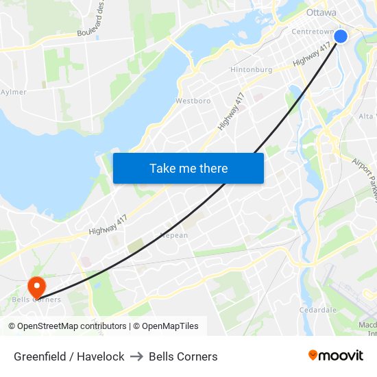 Greenfield / Havelock to Bells Corners map