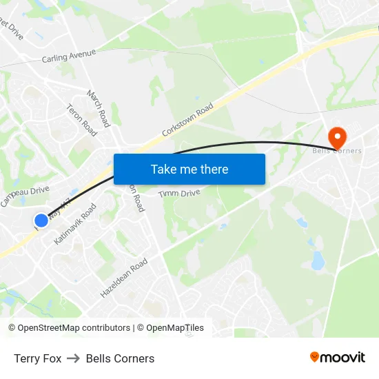 Terry Fox to Bells Corners map