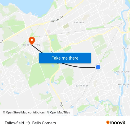 Fallowfield to Bells Corners map
