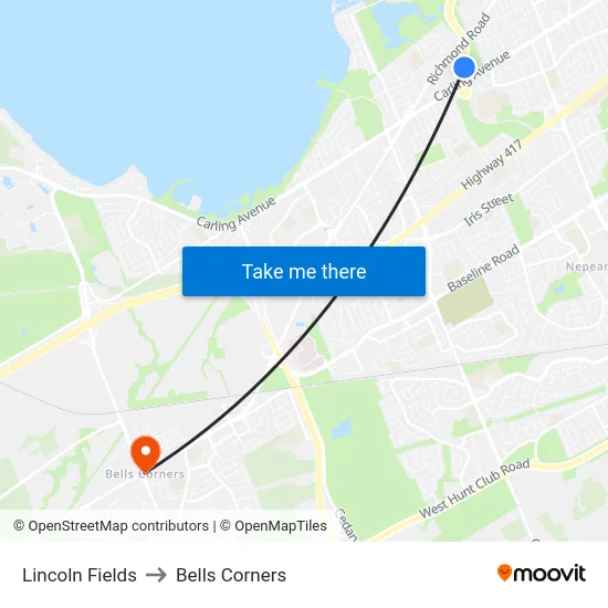 Lincoln Fields to Bells Corners map