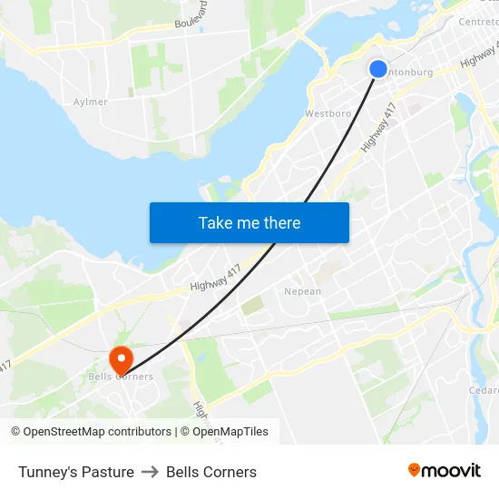 Tunney's Pasture to Bells Corners map
