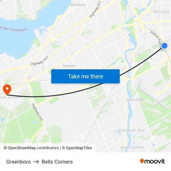 Greenboro to Bells Corners map