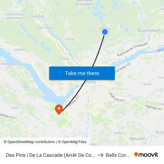 Des Pins | De La Cascade (Arrêt De Courtoisie) to Bells Corners map