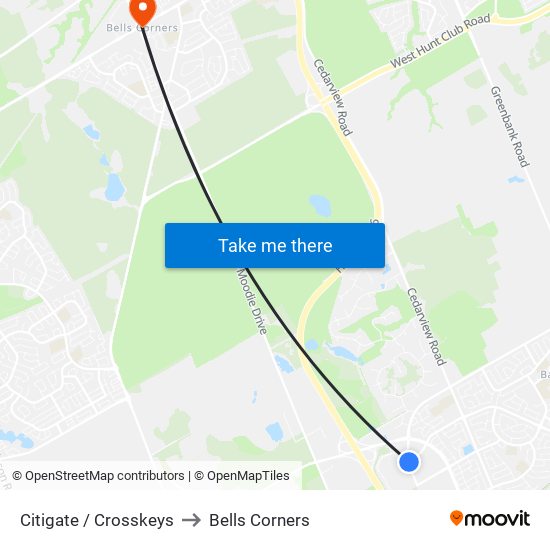 Citigate / Crosskeys to Bells Corners map