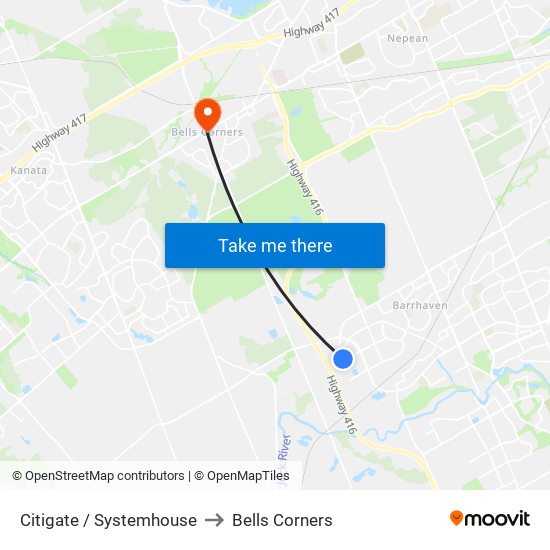 Citigate / Systemhouse to Bells Corners map