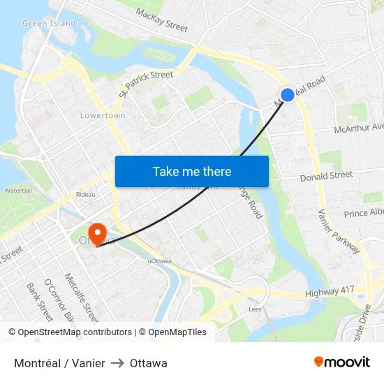 Montréal / Vanier to Ottawa map