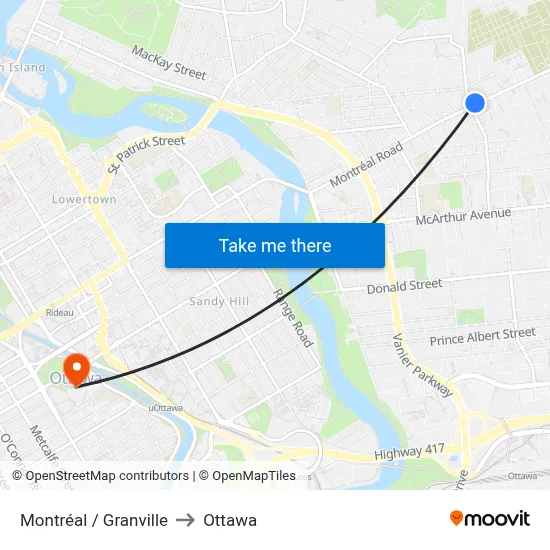 Montréal / Granville to Ottawa map