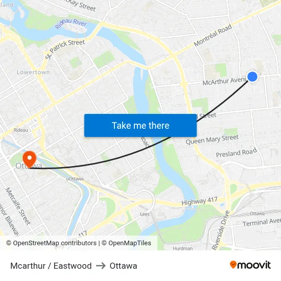 Mcarthur / Eastwood to Ottawa map