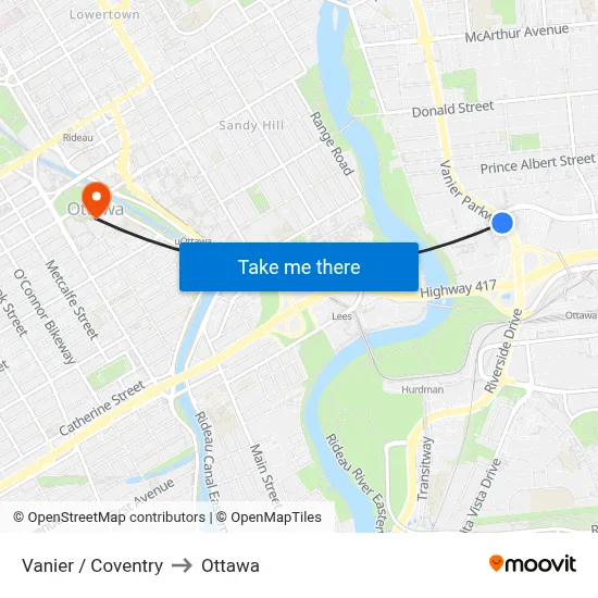 Vanier / Coventry to Ottawa map
