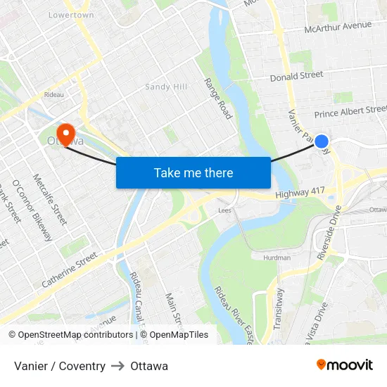 Vanier / Coventry to Ottawa map