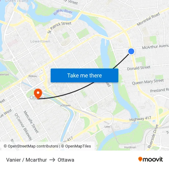 Vanier / Mcarthur to Ottawa map