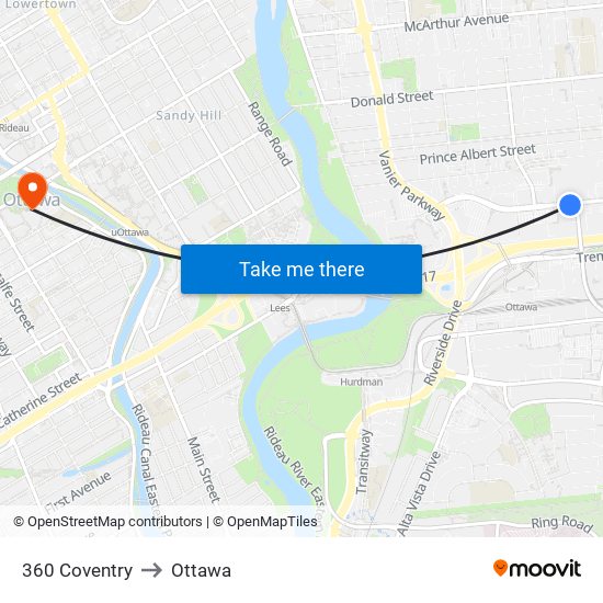 360 Coventry to Ottawa map