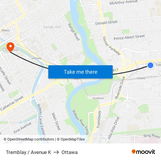 Tremblay / Avenue K to Ottawa map