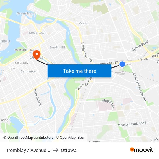 Tremblay / Avenue U to Ottawa map
