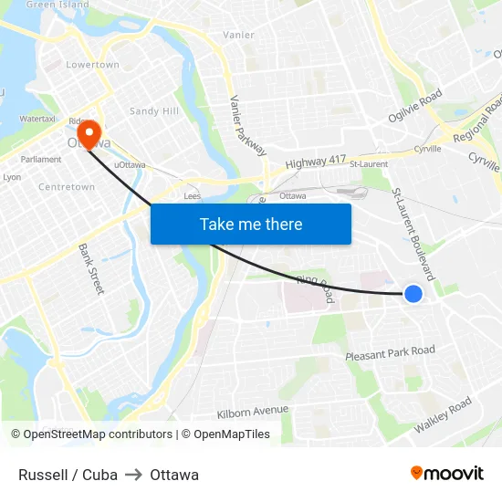 Russell / Cuba to Ottawa map