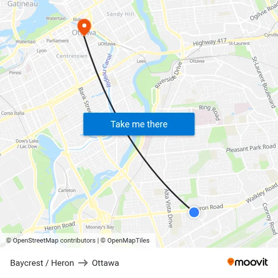 Baycrest / Heron to Ottawa map