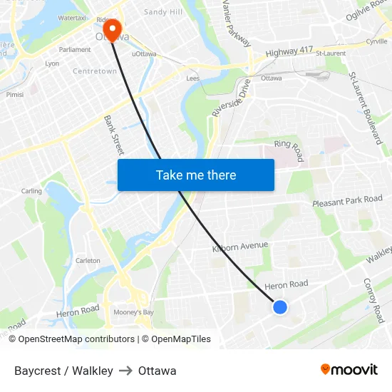 Baycrest / Walkley to Ottawa map