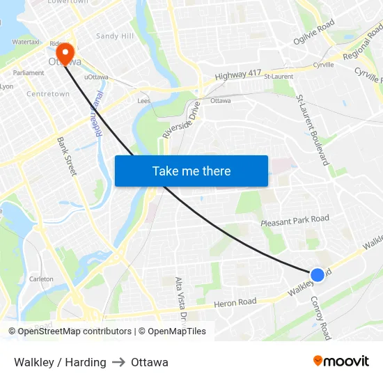 Walkley / Harding to Ottawa map