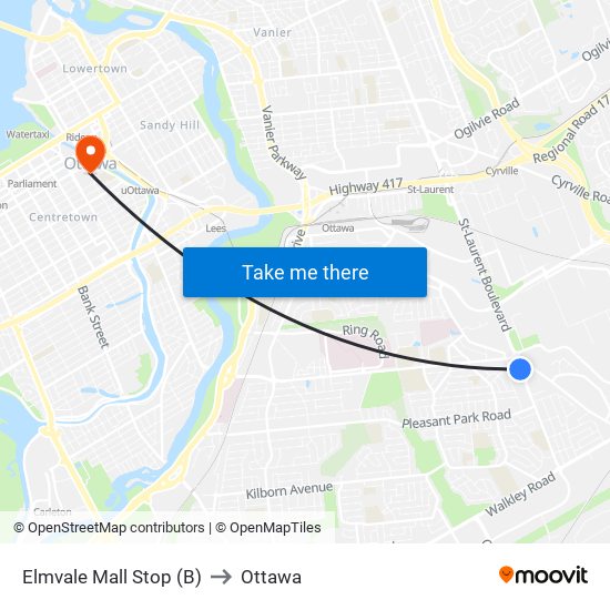 Elmvale Mall Stop (B) to Ottawa map