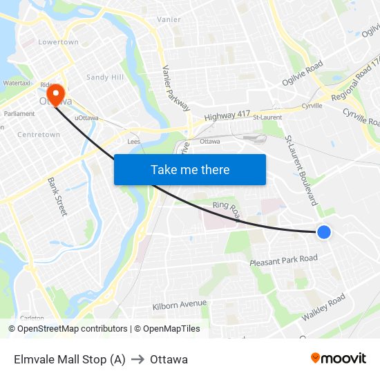Elmvale Mall Stop (A) to Ottawa map