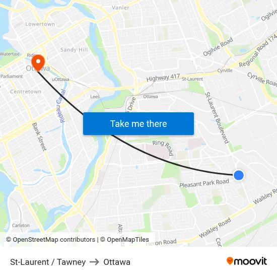 St-Laurent / Tawney to Ottawa map