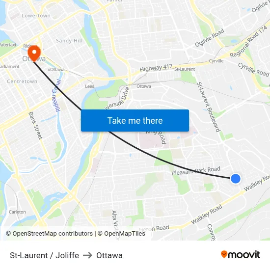 St-Laurent / Joliffe to Ottawa map
