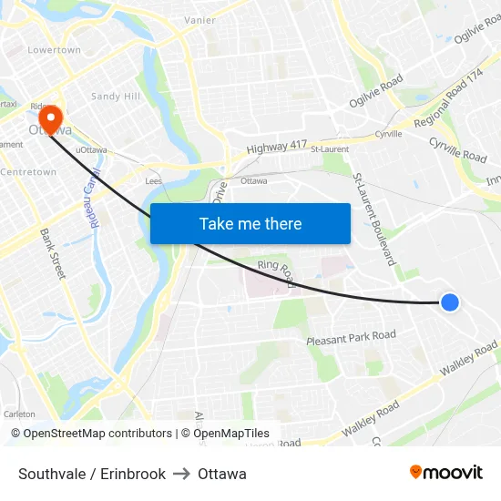 Southvale / Erinbrook to Ottawa map