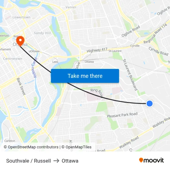 Southvale / Russell to Ottawa map