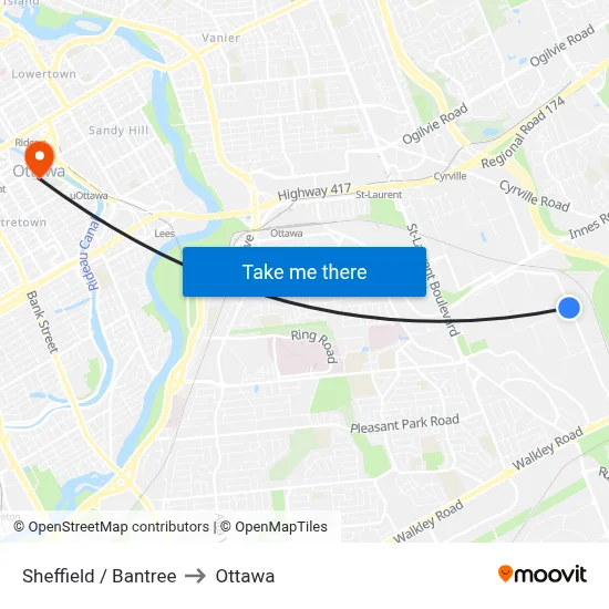 Sheffield / Bantree to Ottawa map