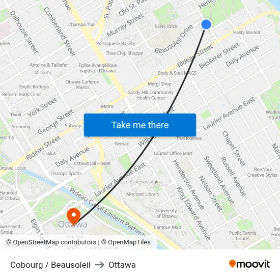 Cobourg / Beausoleil to Ottawa map