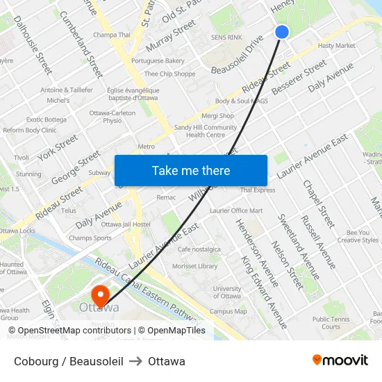Cobourg / Beausoleil to Ottawa map