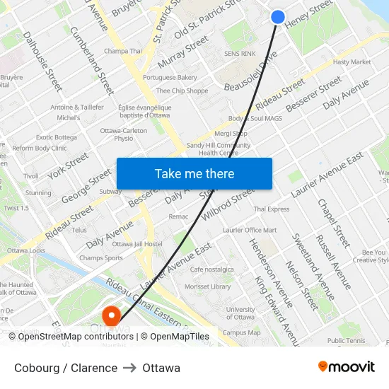 Cobourg / Clarence to Ottawa map
