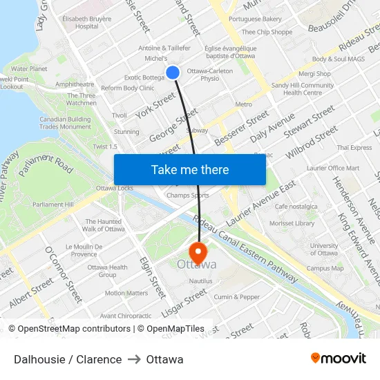 Dalhousie / Clarence to Ottawa map
