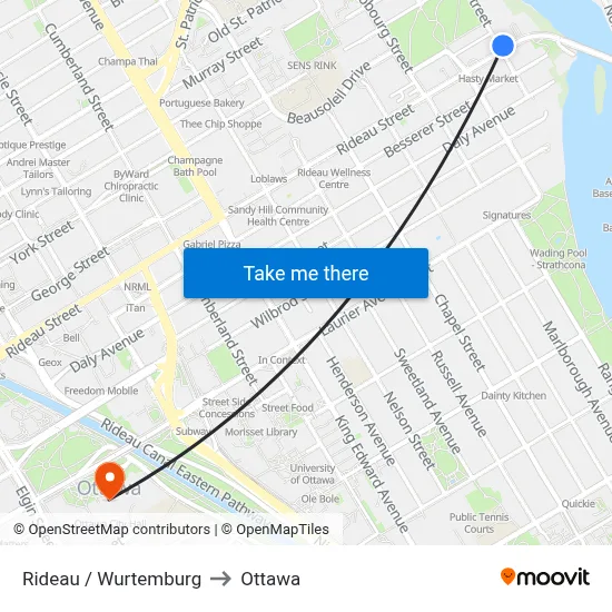 Rideau / Wurtemburg to Ottawa map