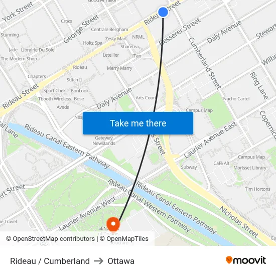Rideau / Cumberland to Ottawa map